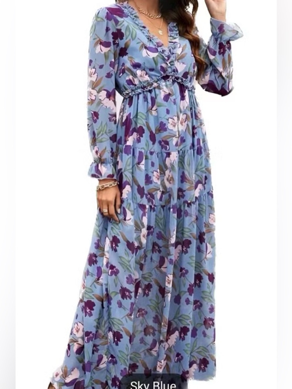 Blue Floral Maxi Dress with Ruffle V-Neck - Picture 2 of 4